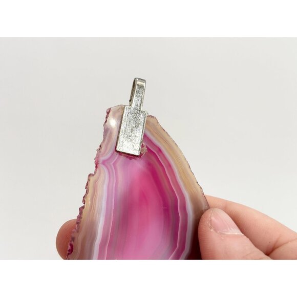 Pink Slice Agate Crystal Geode Freeform Large Silver Toned Vintage Pendant - Picture 3 of 13